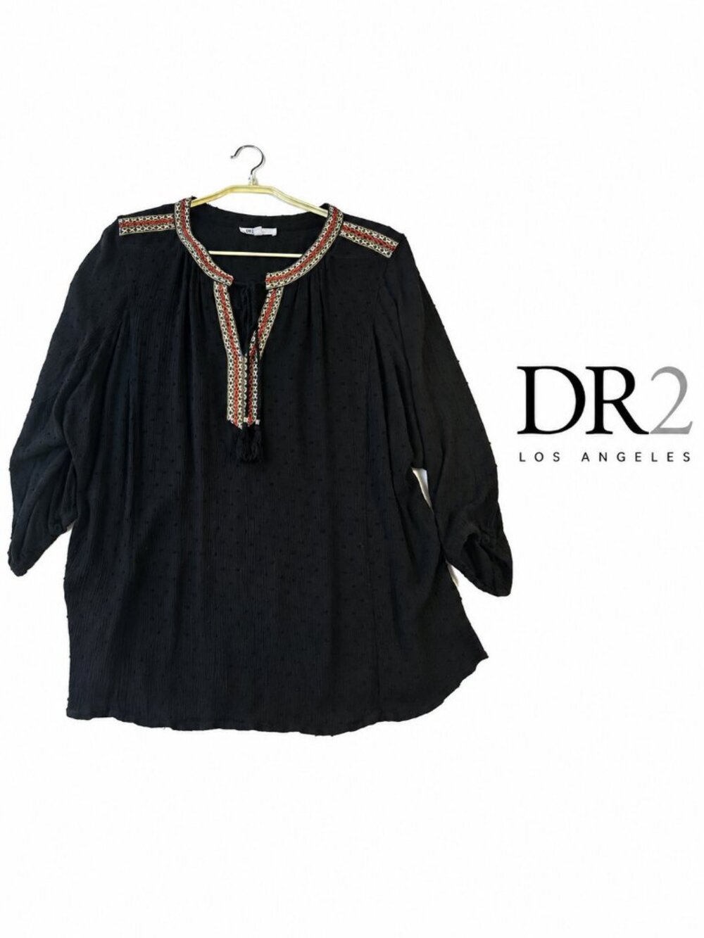 DR2 Black Embroidered Boho Blouse â Size 3X